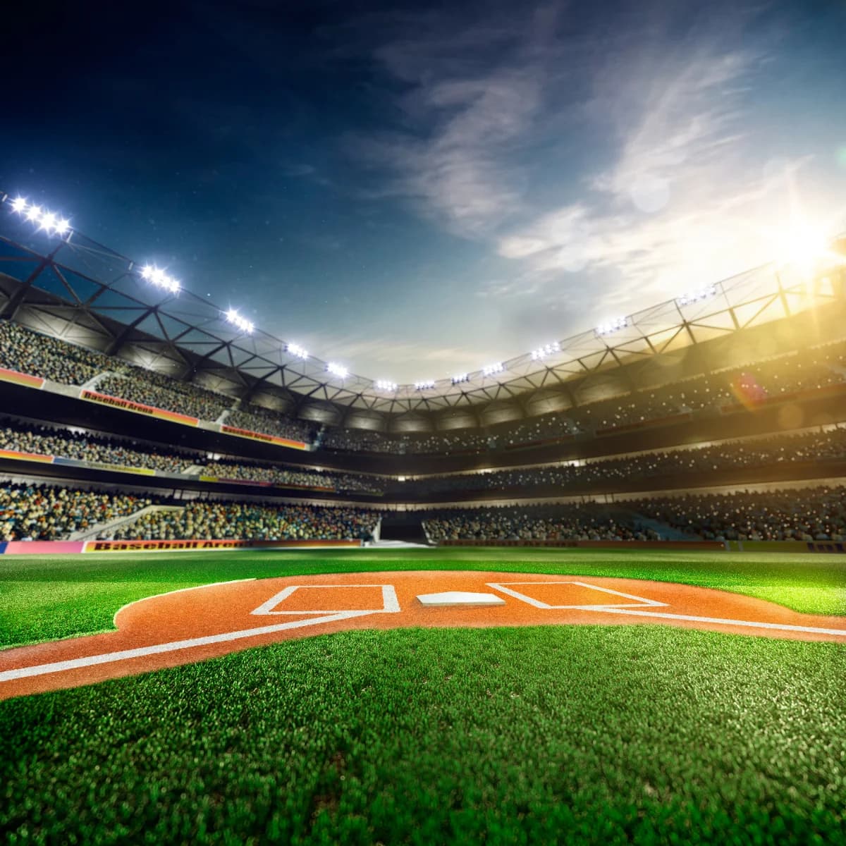 Stadium floodlights over an empty ballpark at night