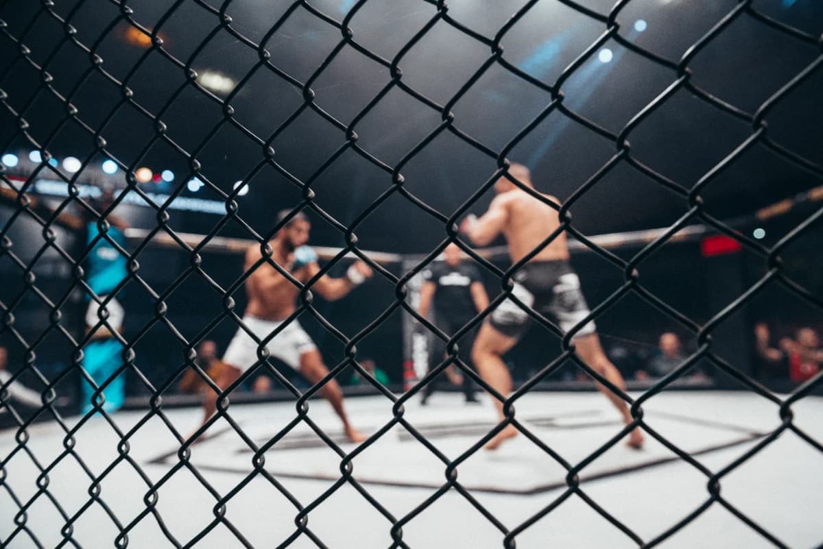 An empty cage under arena spotlights